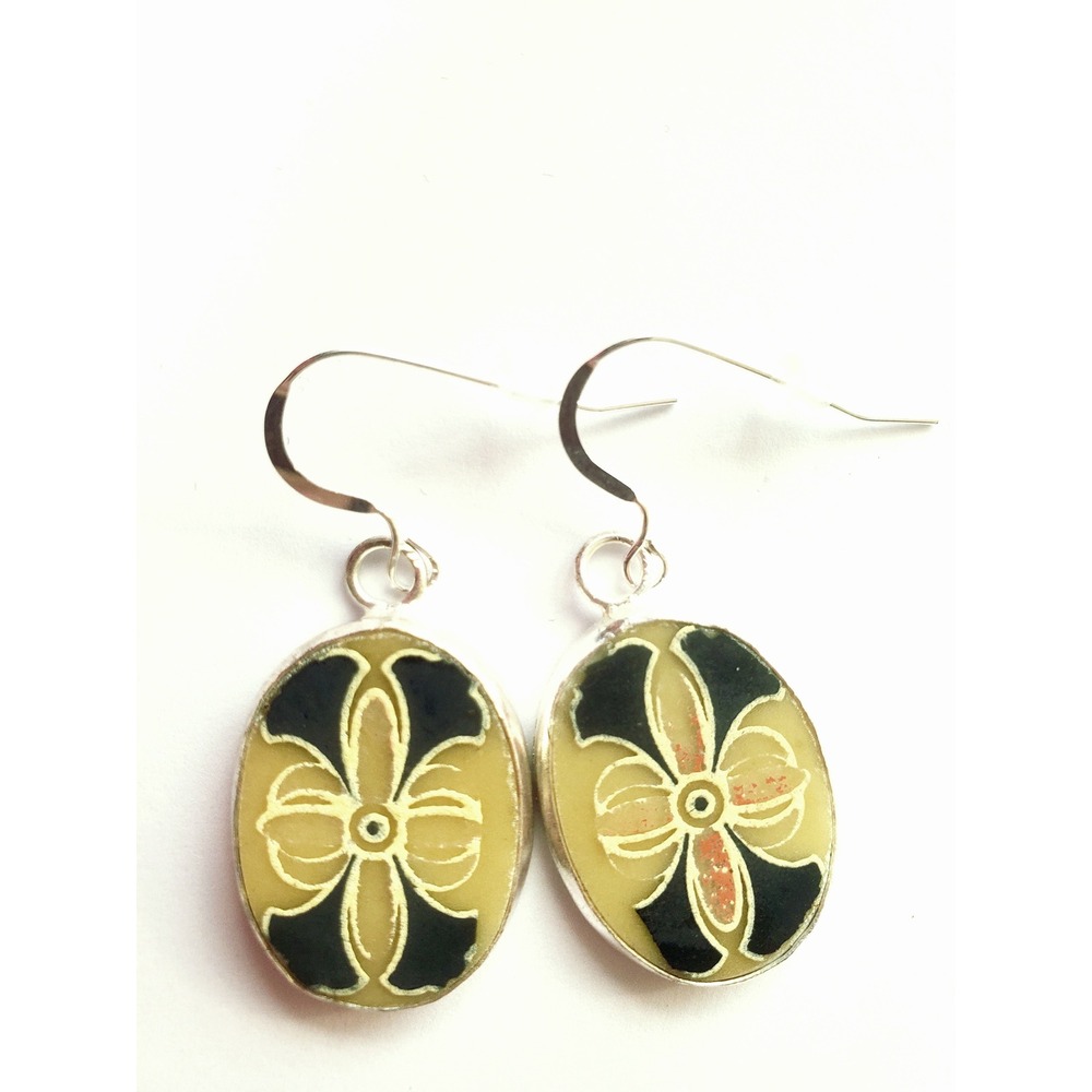 Vintage Transferware Pottery Shard Earrings Sterling Silver Floral Oval Handmade